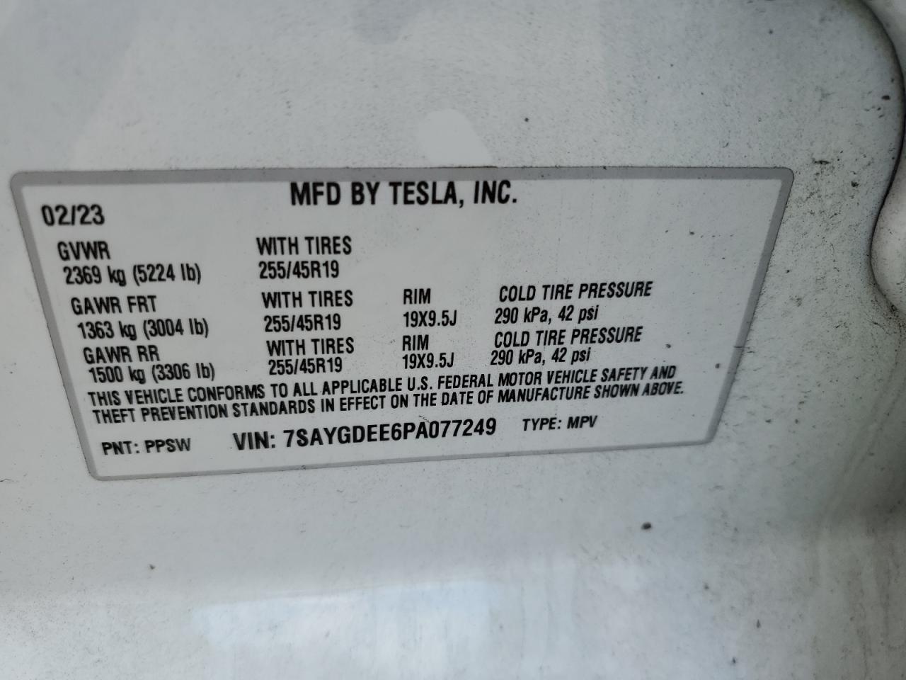 2023 TESLA MODEL Y VIN:7SAYGDEE6PA077249