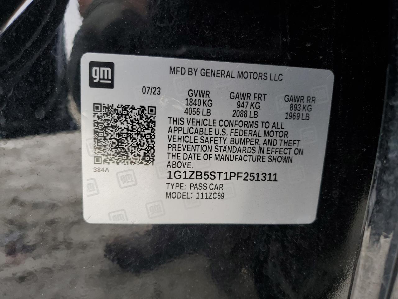 2023 CHEVROLET MALIBU LS VIN:1G1ZB5ST1PF251311