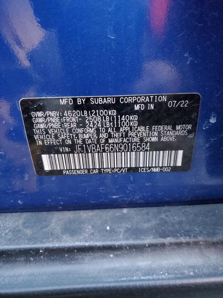 2022 SUBARU WRX PREMIUM VIN:JF1VBAF66N9016584