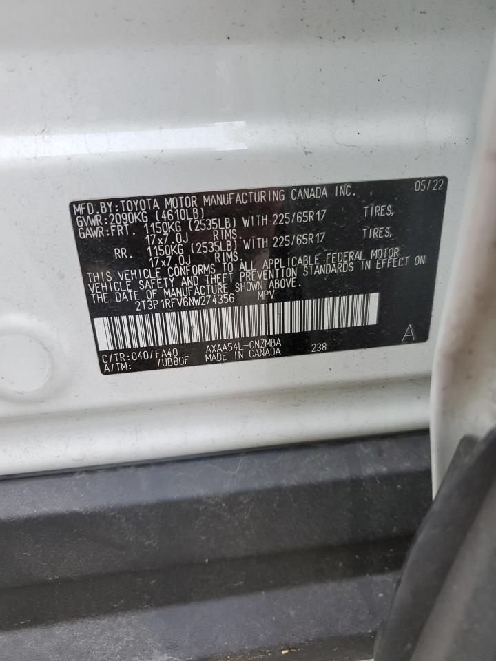 2022 TOYOTA RAV4 XLE VIN:2T3P1RFV6NW274356