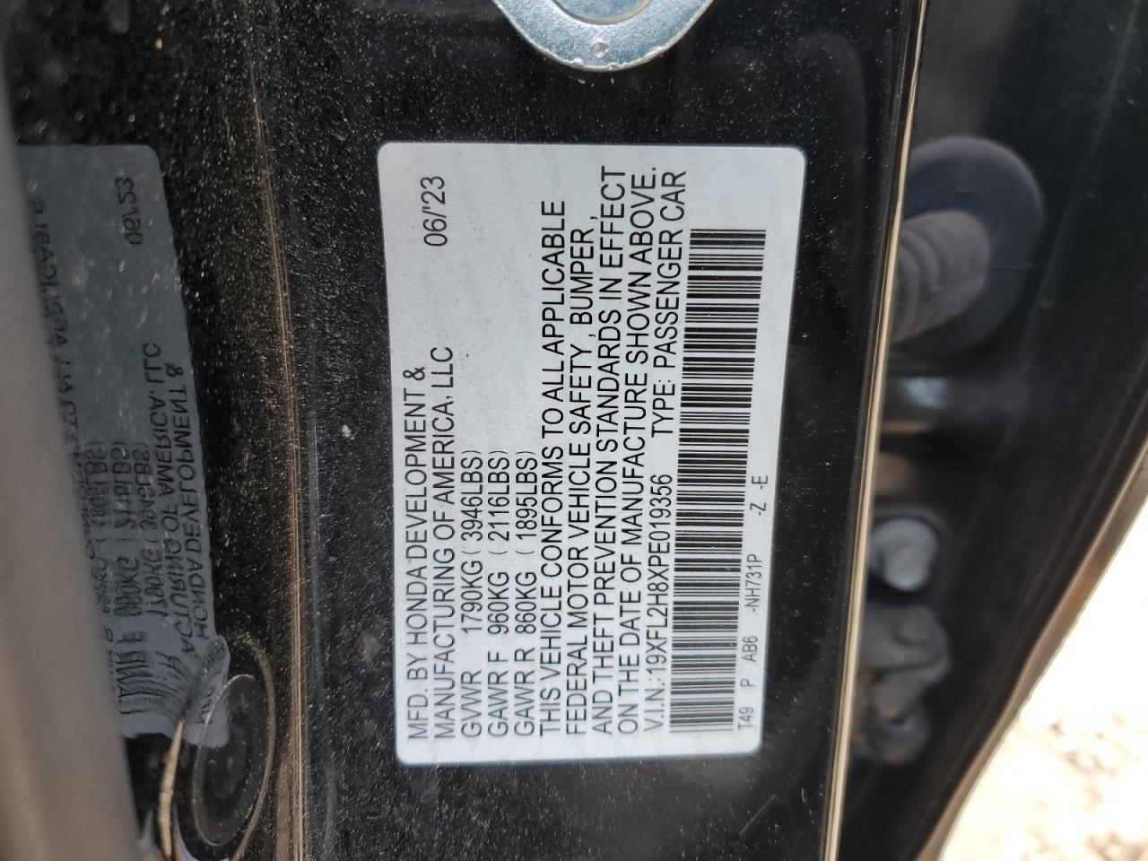 2023 HONDA CIVIC SPORT VIN:19XFL2H8XPE019356