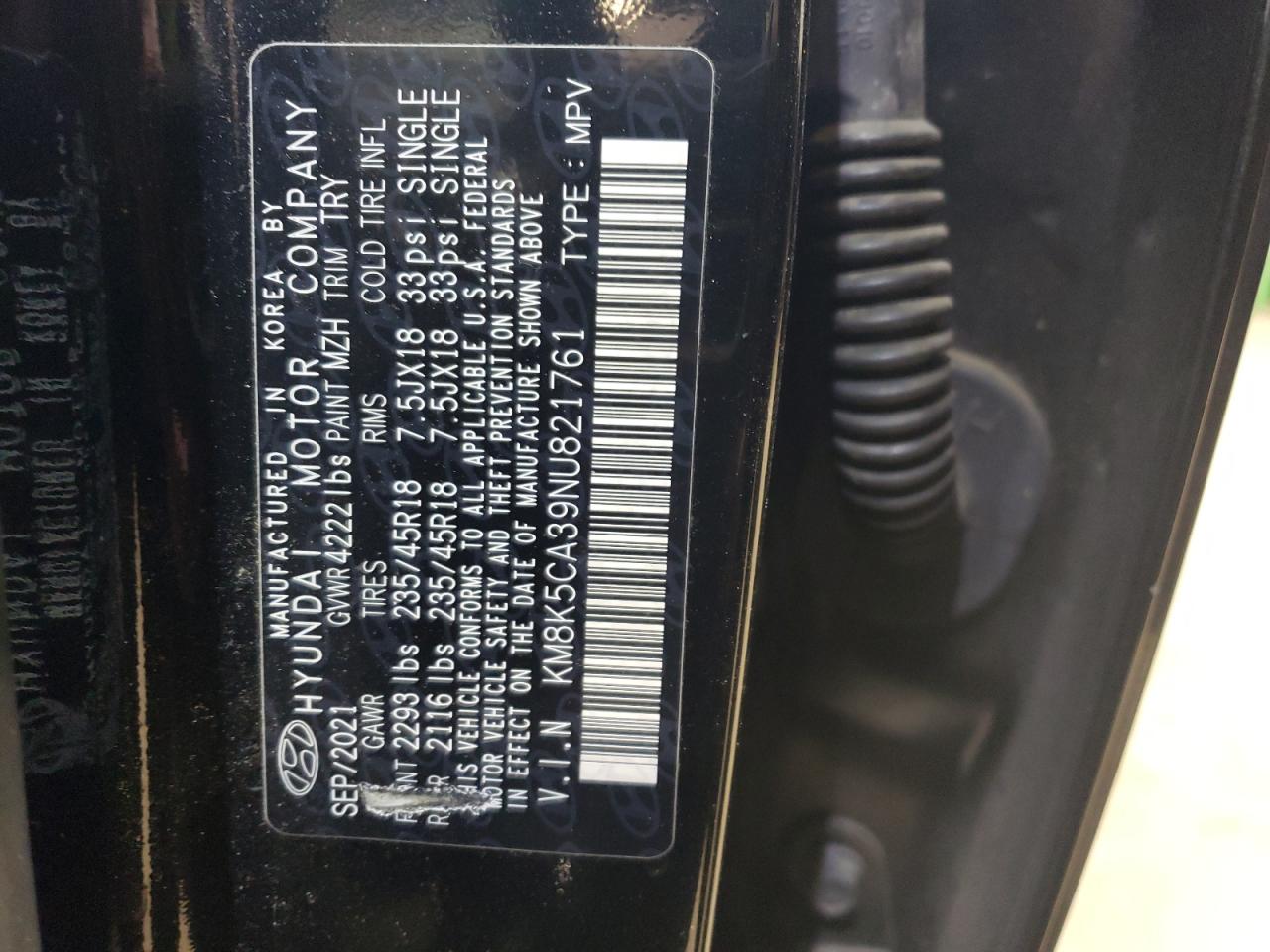 2022 HYUNDAI KONA LIMITED VIN:KM8K5CA39NU821761