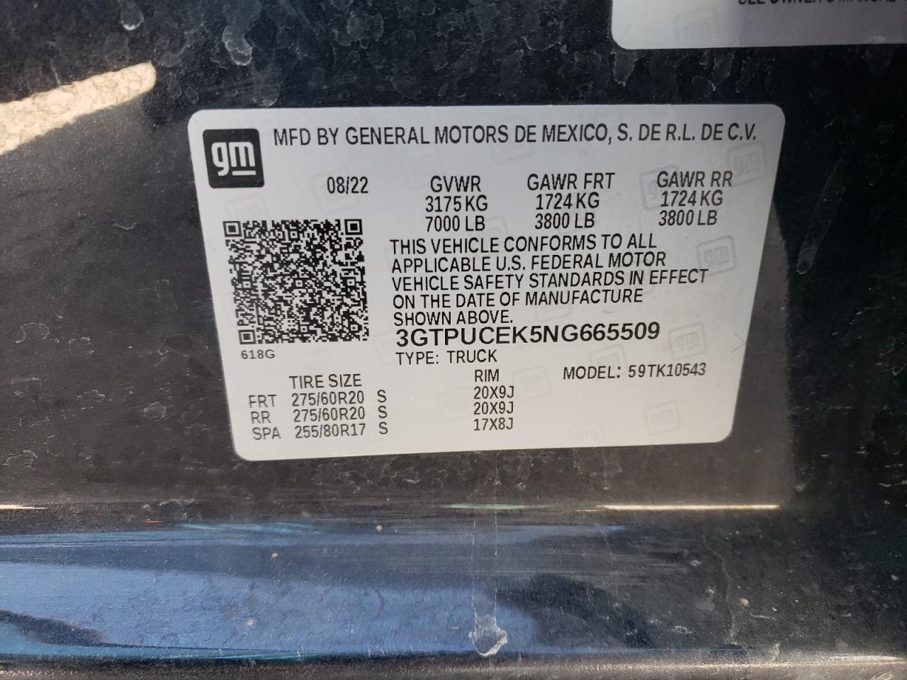 2022 GMC SIERRA K1500 ELEVATION VIN:3GTPUCEK5NG665509