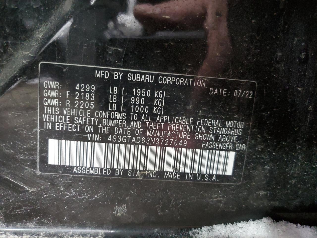 2022 SUBARU IMPREZA PREMIUM VIN:4S3GTAD63N3727049