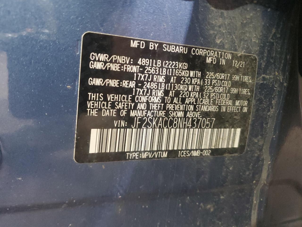 2022 SUBARU FORESTER VIN:JF2SKACC8NH437057