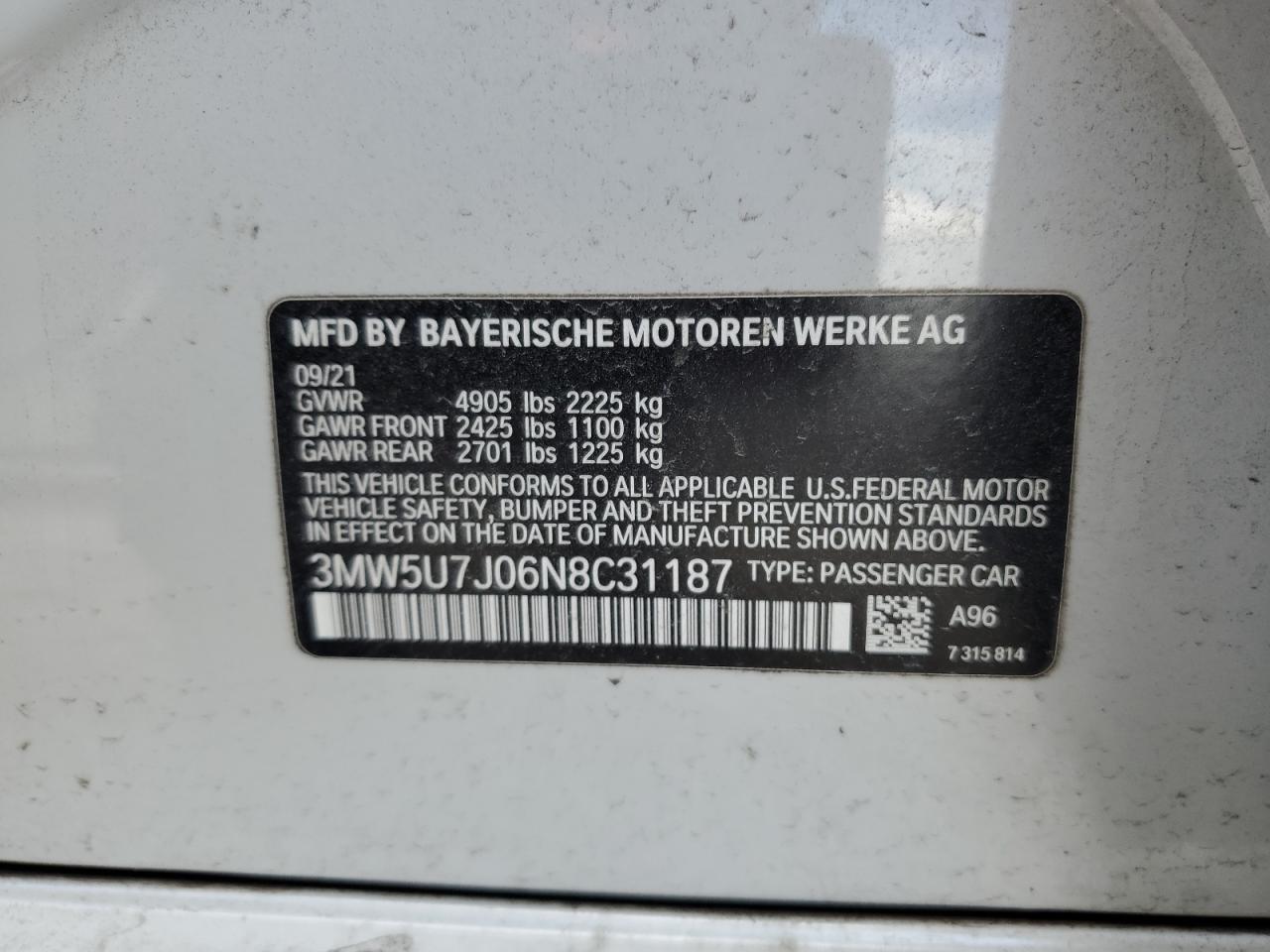 2022 BMW M340I VIN:3MW5U7J06N8C31187