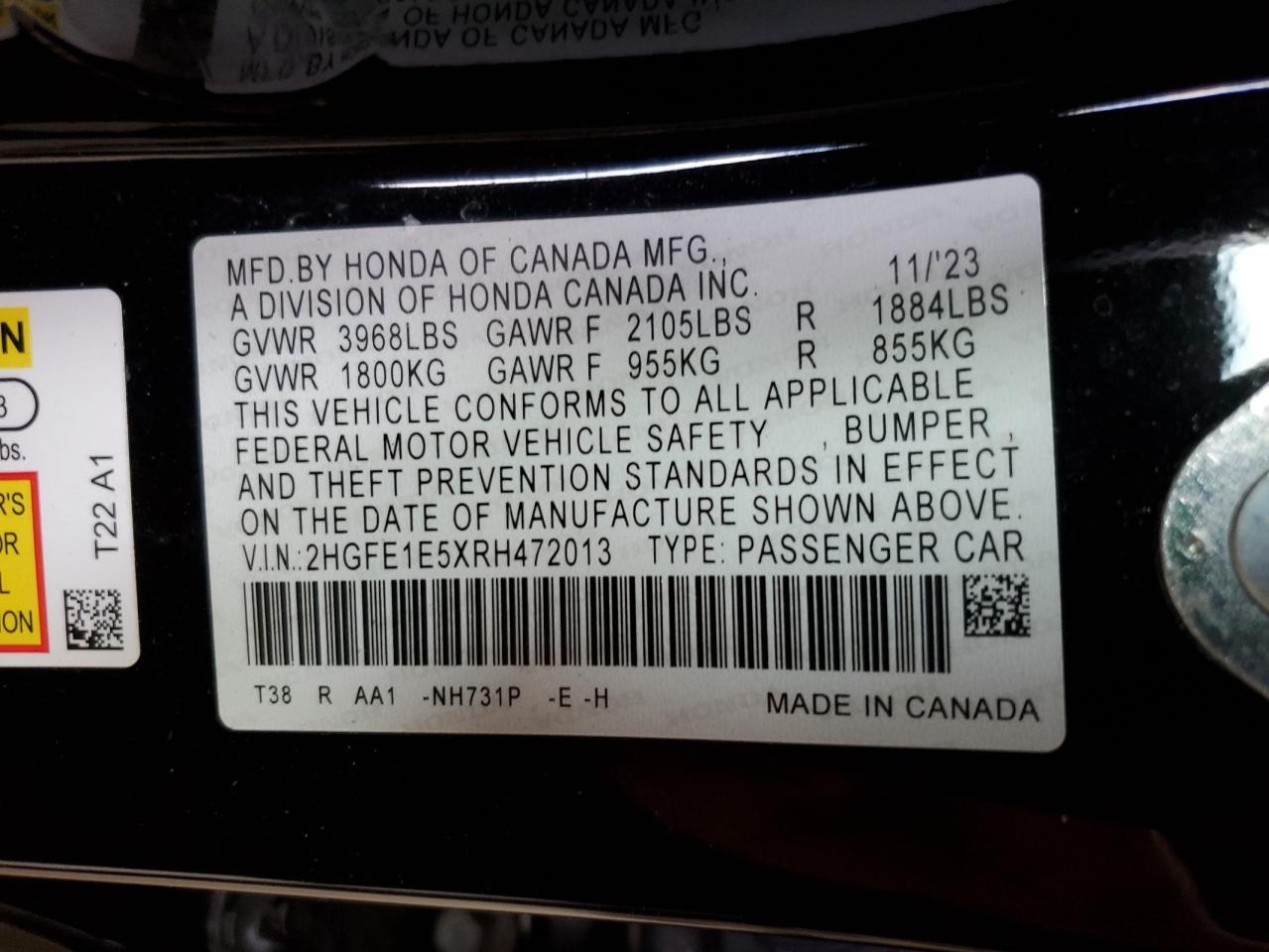 2024 HONDA CIVIC SI VIN:2HGFE1E5XRH472013