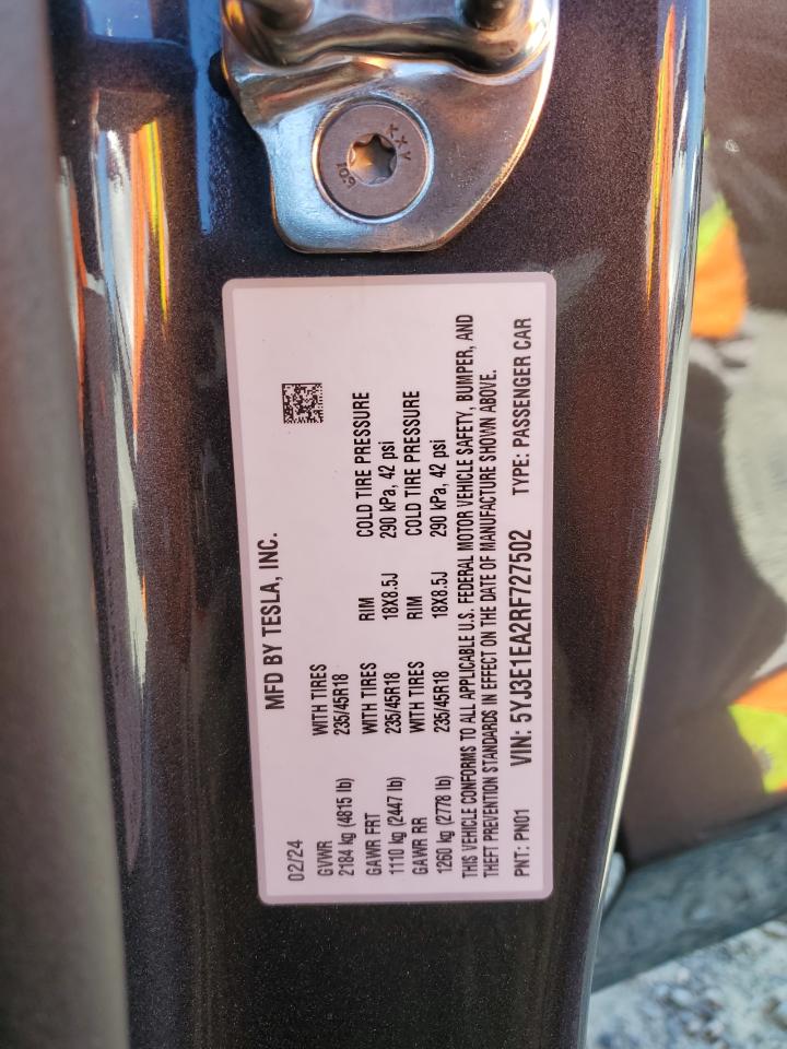 2024 TESLA MODEL 3 VIN:5YJ3E1EA2RF727502