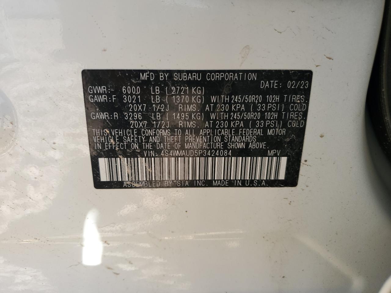 2023 SUBARU ASCENT LIMITED VIN:4S4WMAUD5P3424084