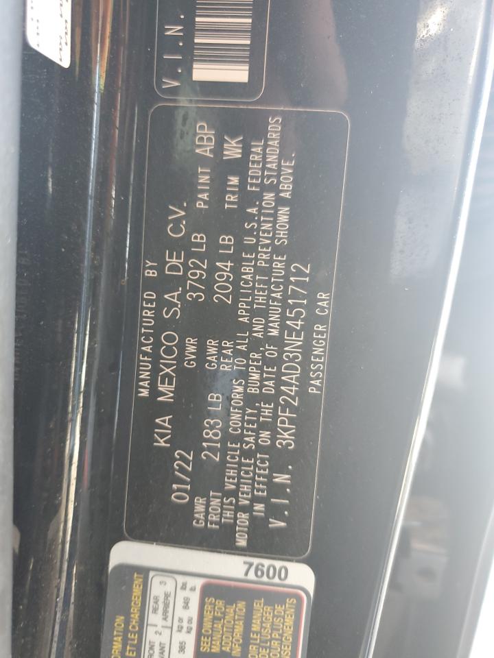 2022 KIA FORTE FE VIN:3KPF24AD3NE451712