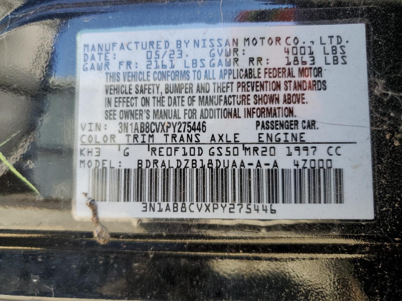 2023 NISSAN SENTRA SV VIN:3N1AB8CVXPY275446
