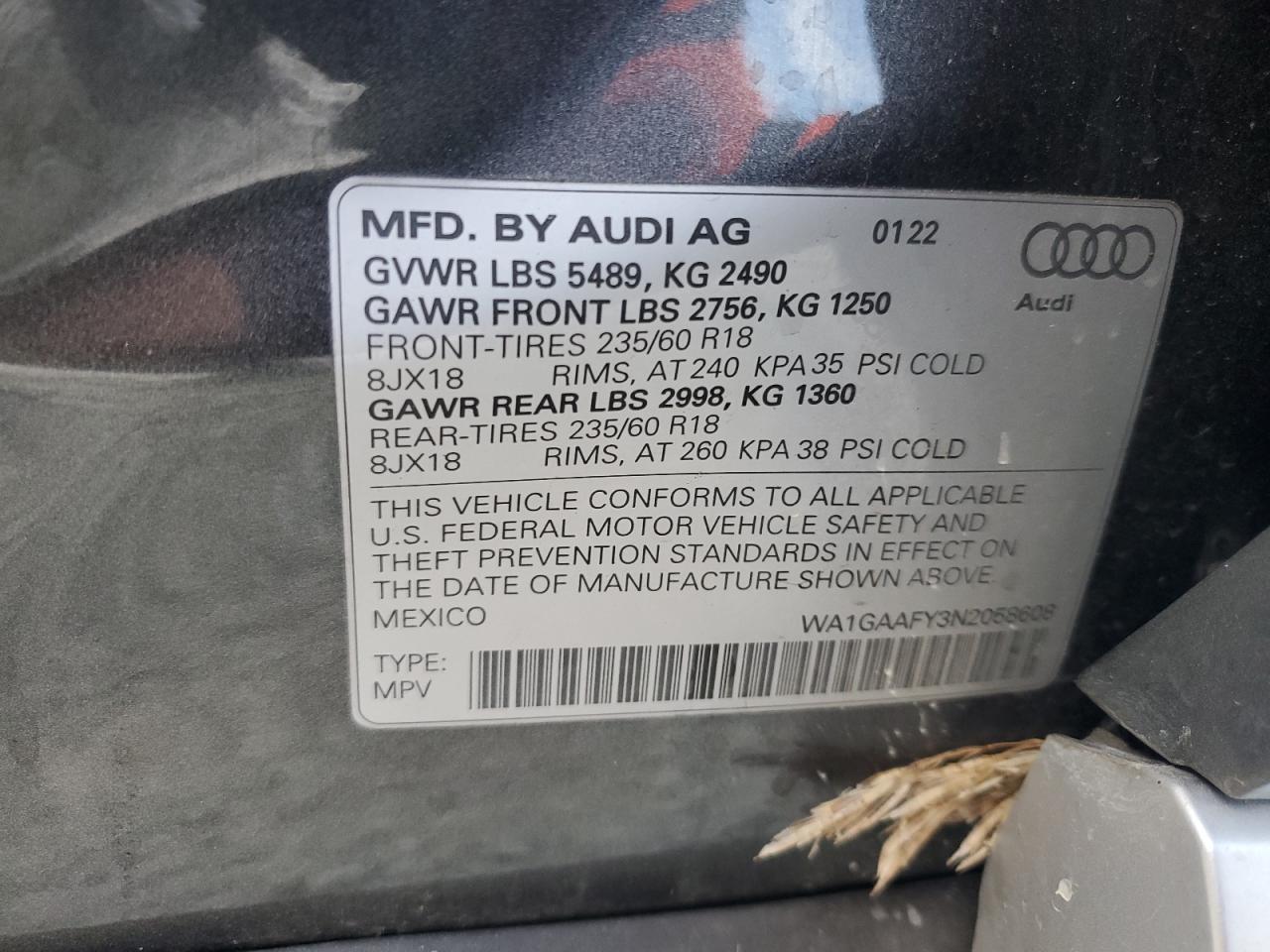 2022 AUDI Q5 PREMIUM 45 VIN:WA1GAAFY3N2058608