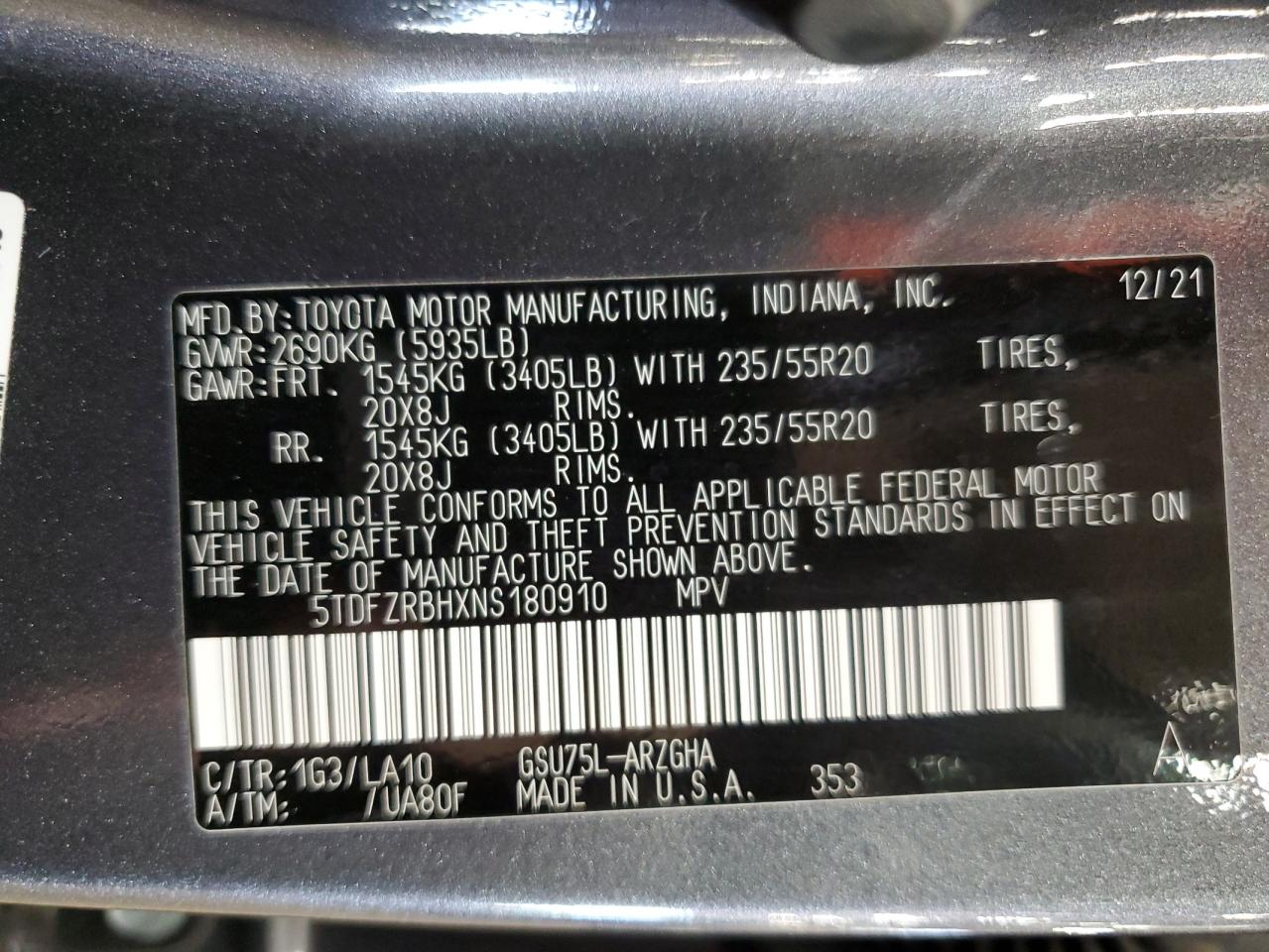 2022 TOYOTA HIGHLANDER PLATINUM VIN:5TDFZRBHXNS180910