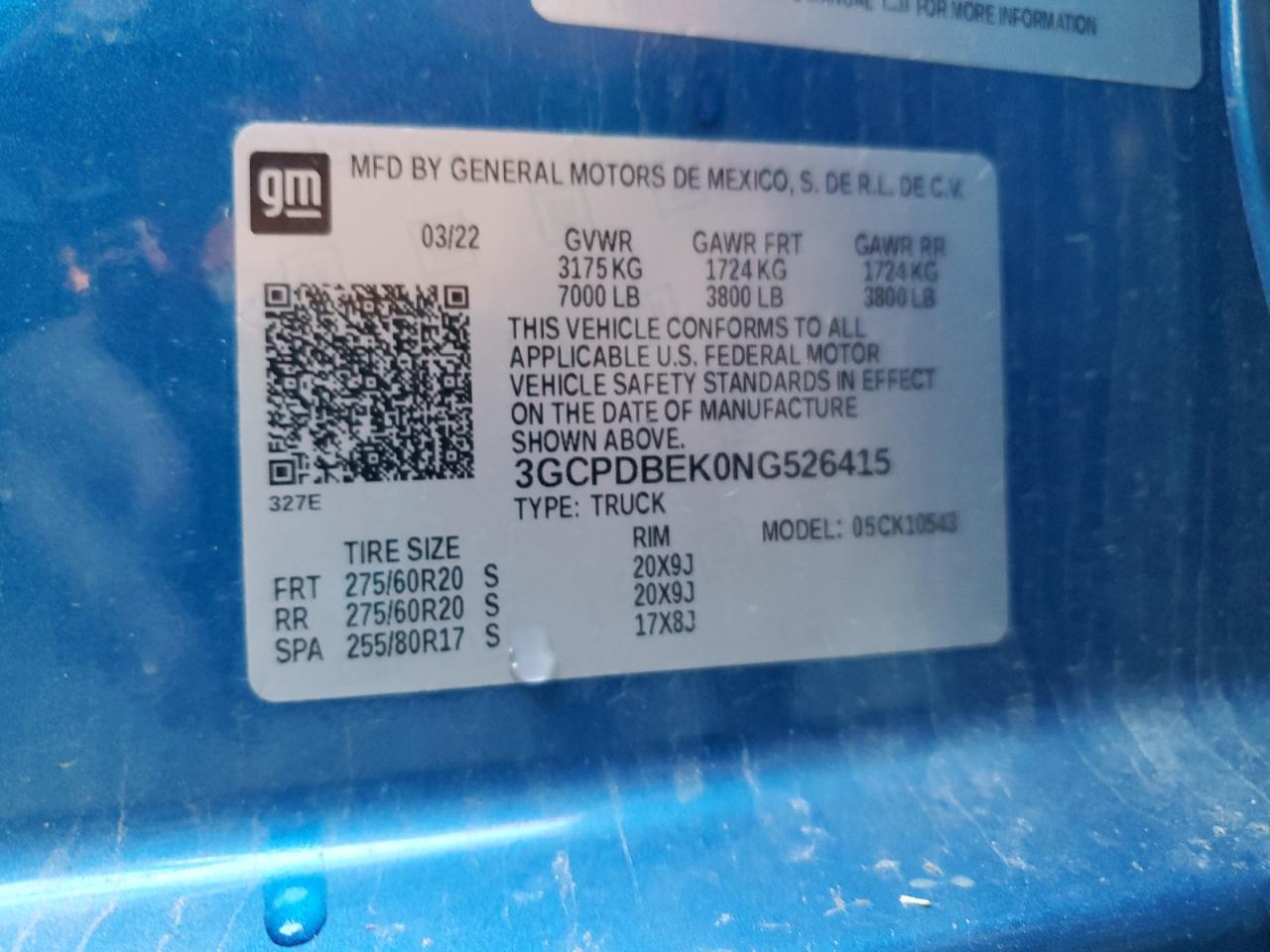 2022 CHEVROLET SILVERADO K1500 CUSTOM VIN:3GCPDBEK0NG526415