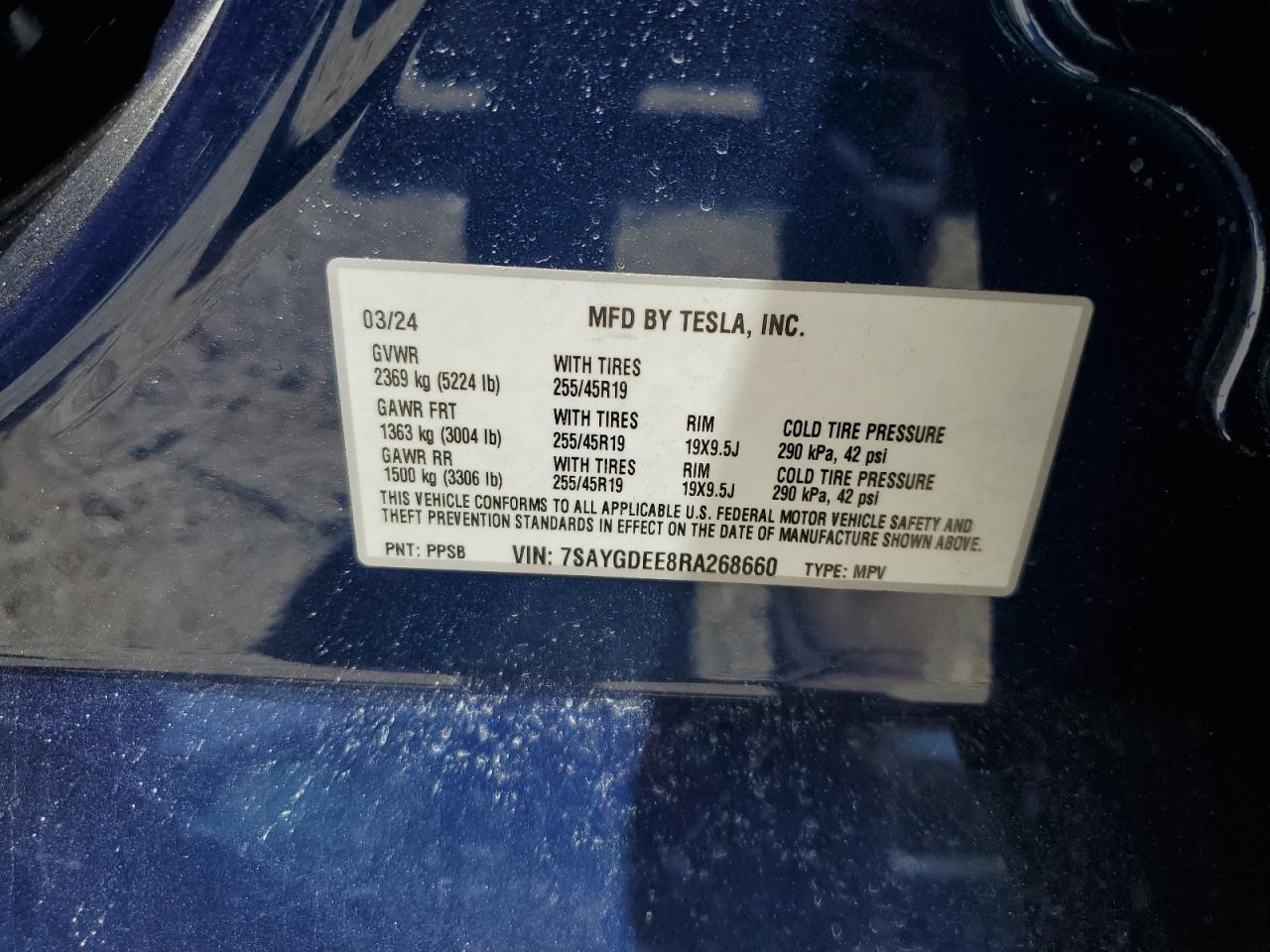 2024 TESLA MODEL Y VIN:WP0AA2A8XNS255297