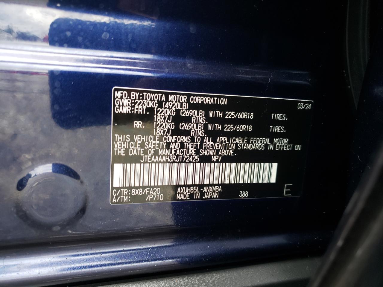 2024 TOYOTA VENZA LE VIN:JTEAAAAH3RJ172425