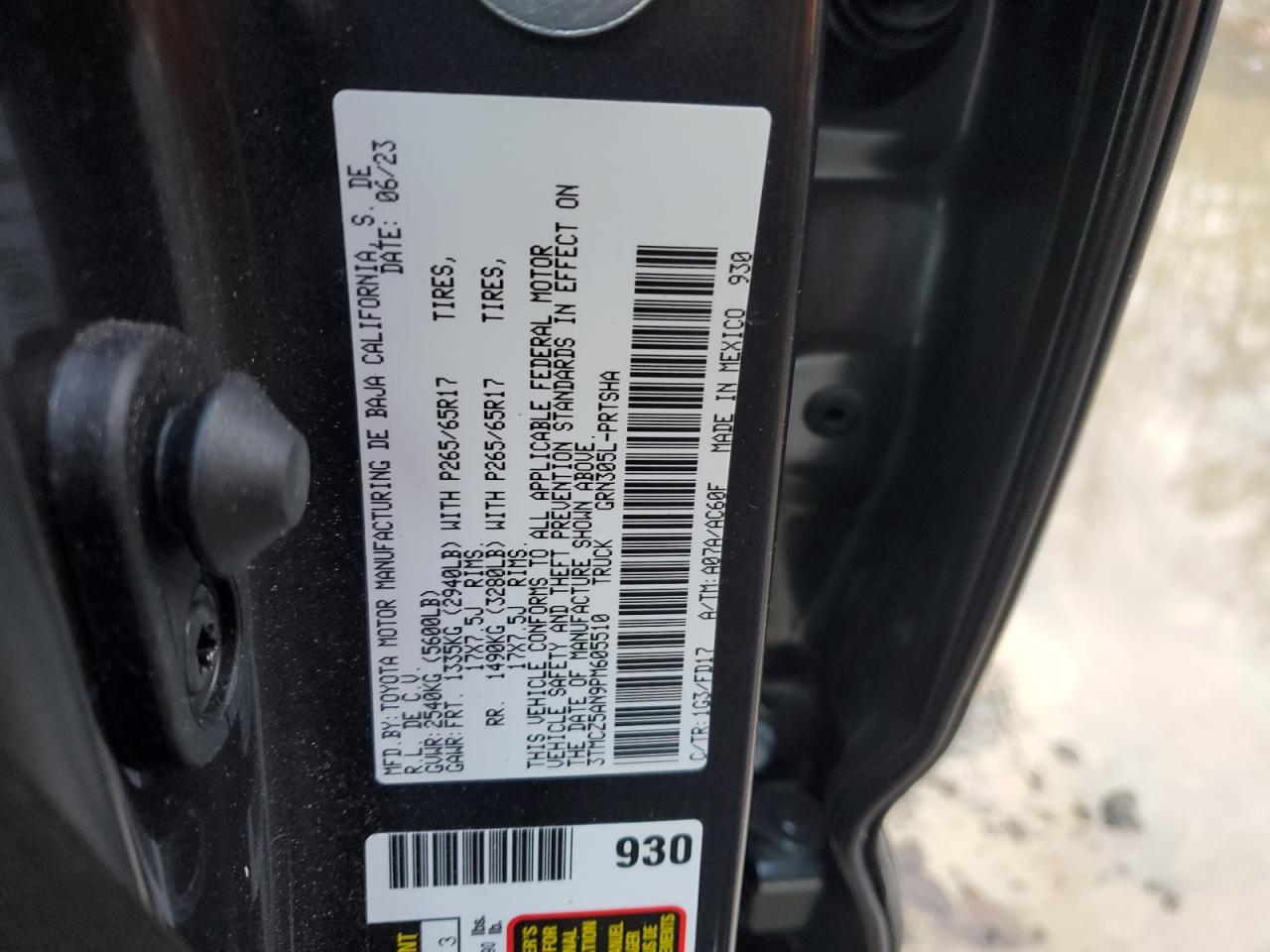 2023 TOYOTA TACOMA DOUBLE CAB VIN:3TMCZ5AN9PM605510