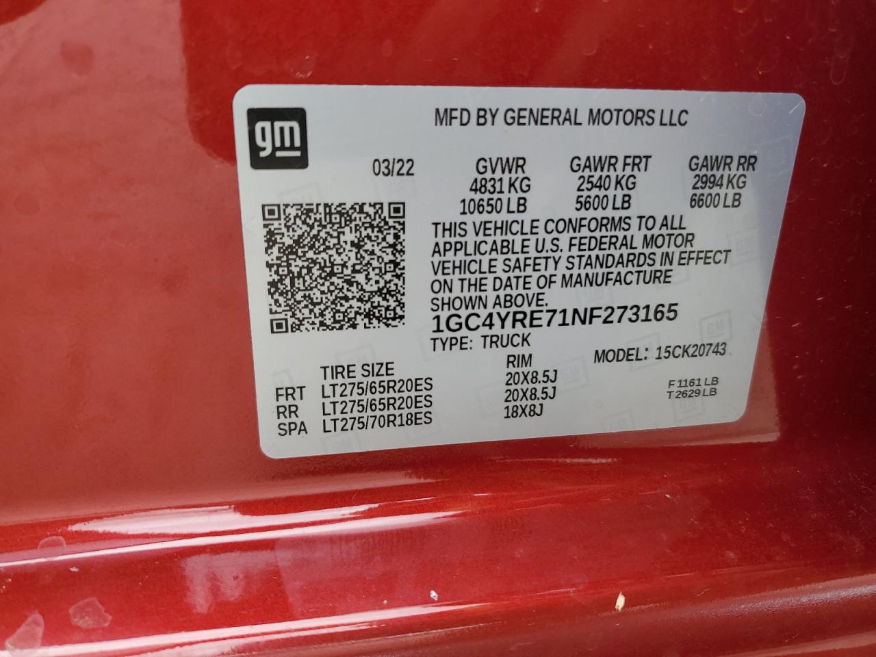 2022 CHEVROLET SILVERADO K2500 HIGH COUNTRY VIN:1GC4YRE71NF273165