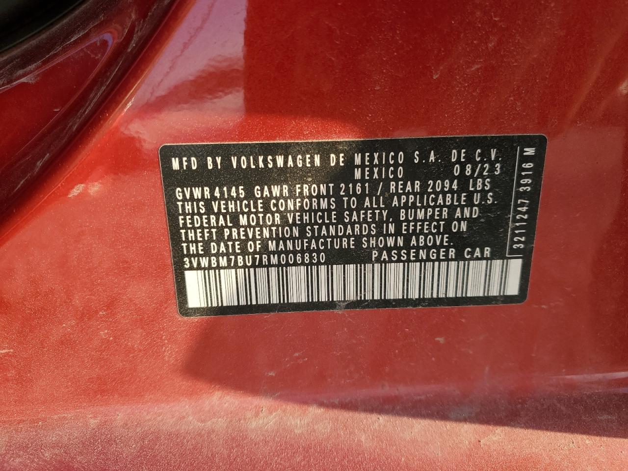 2024 VOLKSWAGEN JETTA SPORT VIN:3VWBM7BU7RM006830