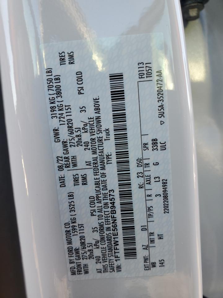 2022 FORD F150 SUPERCREW VIN:1FTFW1E56NFB94573