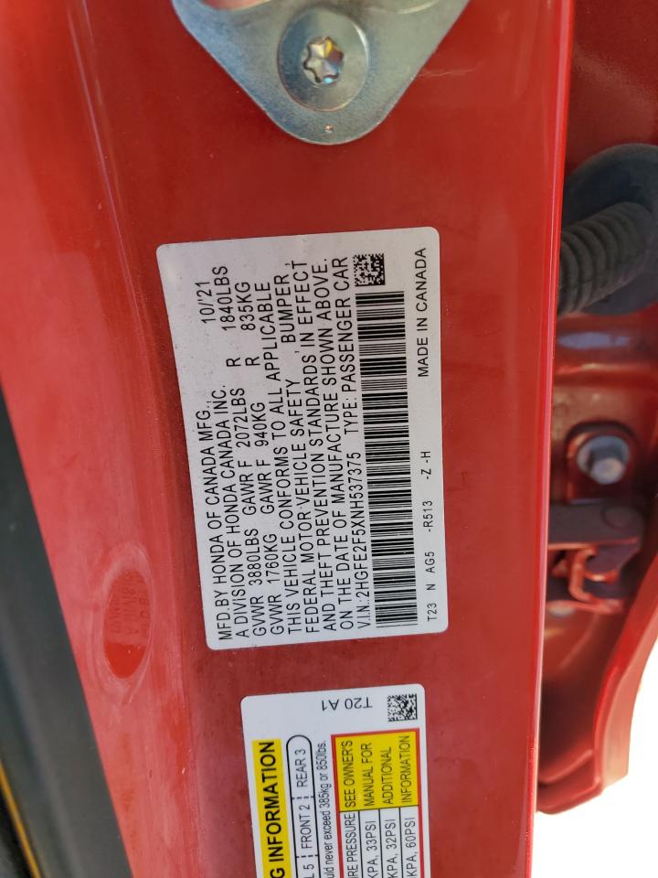 2022 HONDA CIVIC SPORT VIN:2HGFE2F5XNH537375