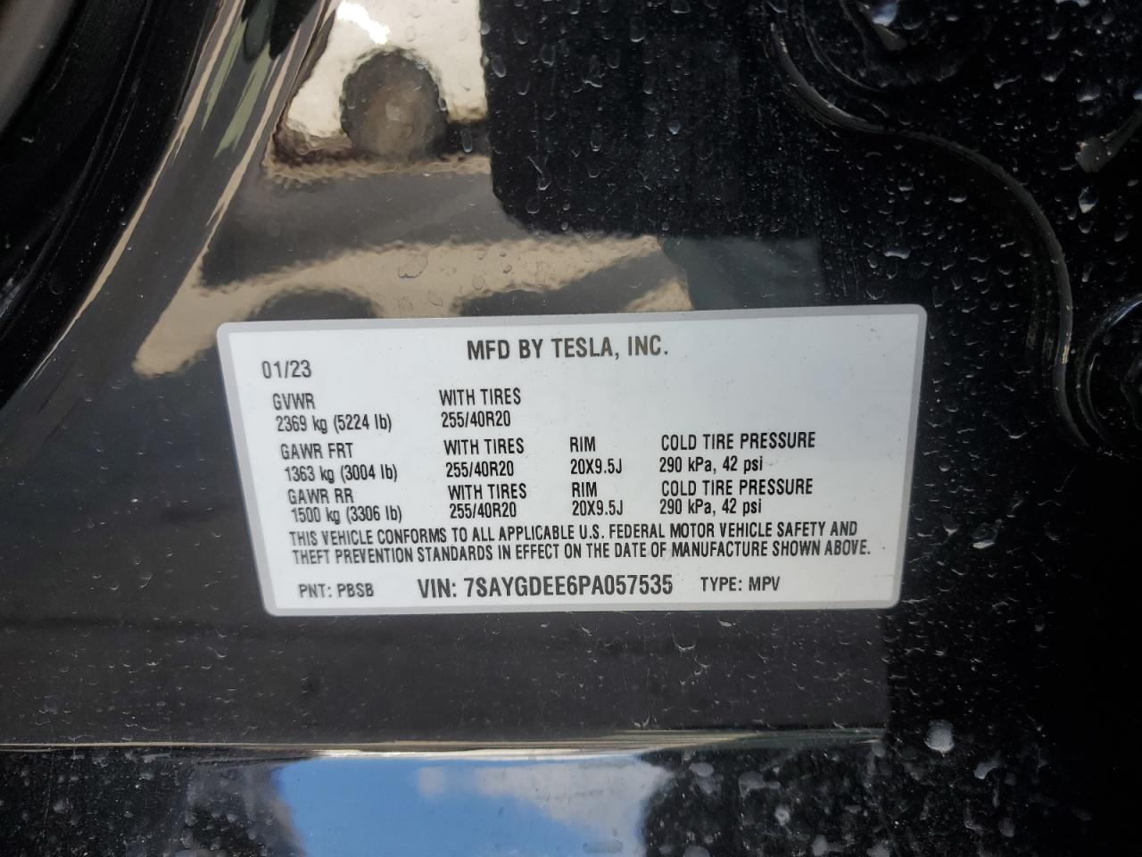 2023 TESLA MODEL Y VIN:7SAYGDEE6PA057535