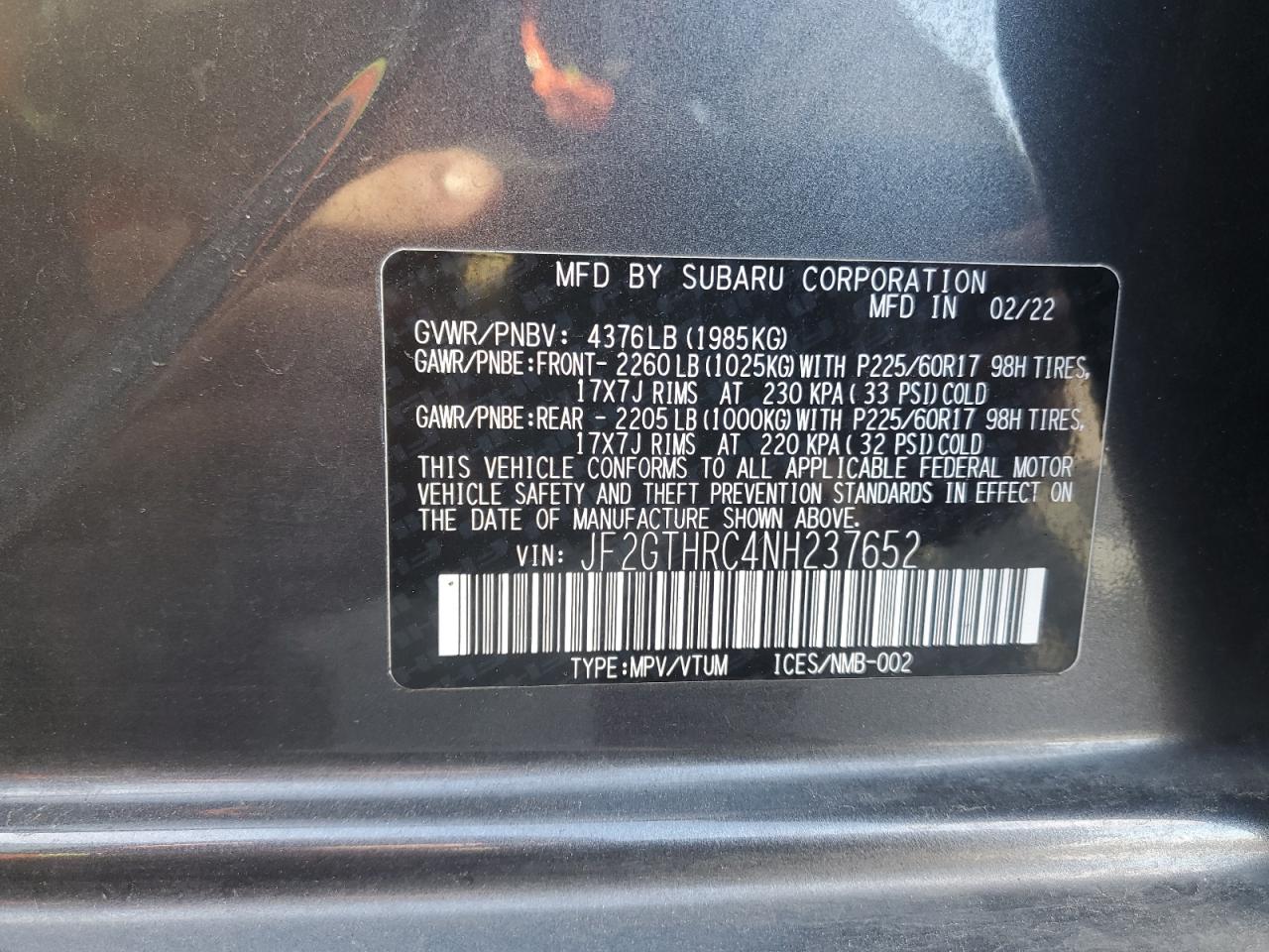 2022 SUBARU CROSSTREK SPORT VIN:JF2GTHRC4NH237652