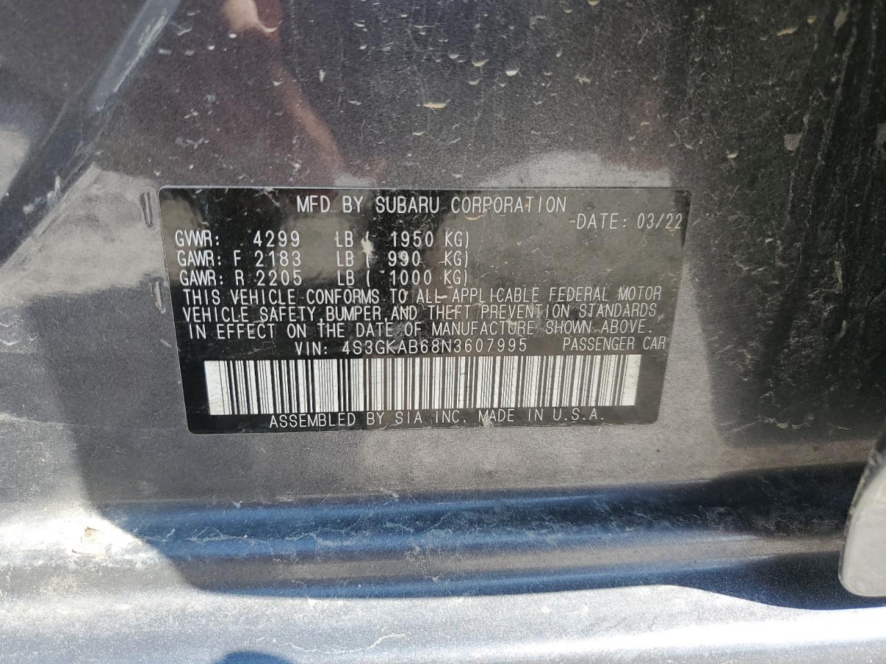 2022 SUBARU IMPREZA VIN:4S3GKAB68N3607995