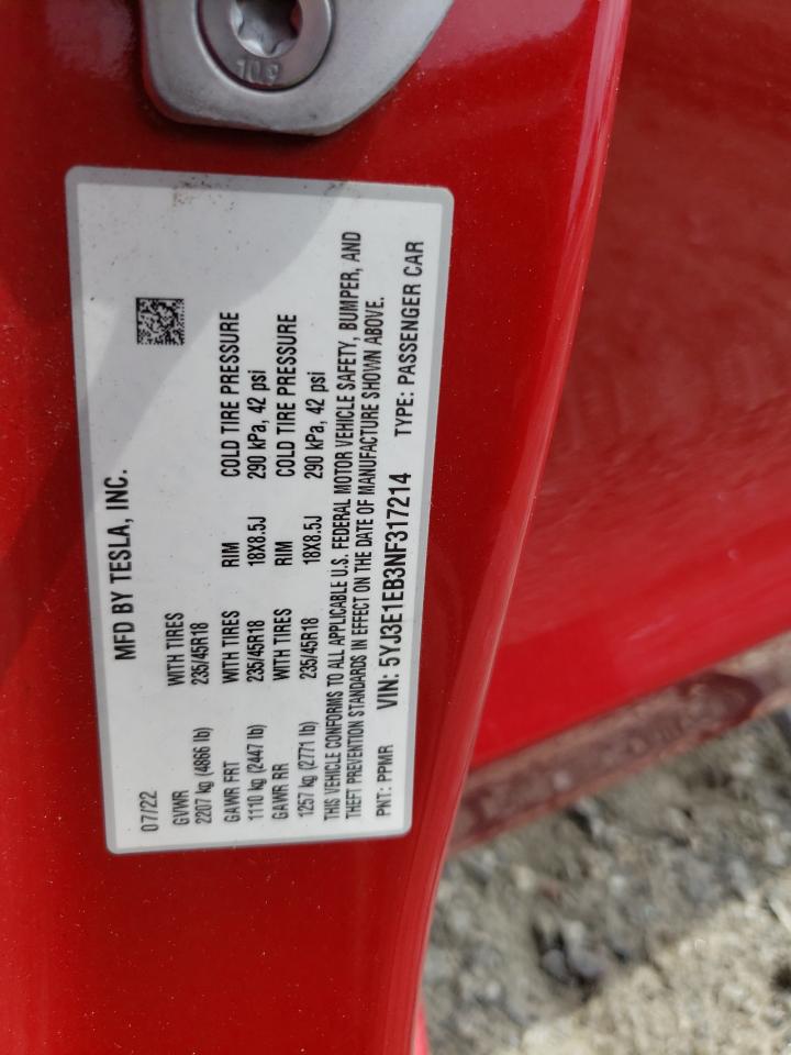 2022 TESLA MODEL 3 VIN:5YJ3E1EB3NF317214