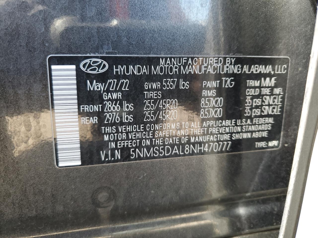 2022 HYUNDAI SANTA FE CALLIGRAPHY VIN:5NMS5DAL8NH470777