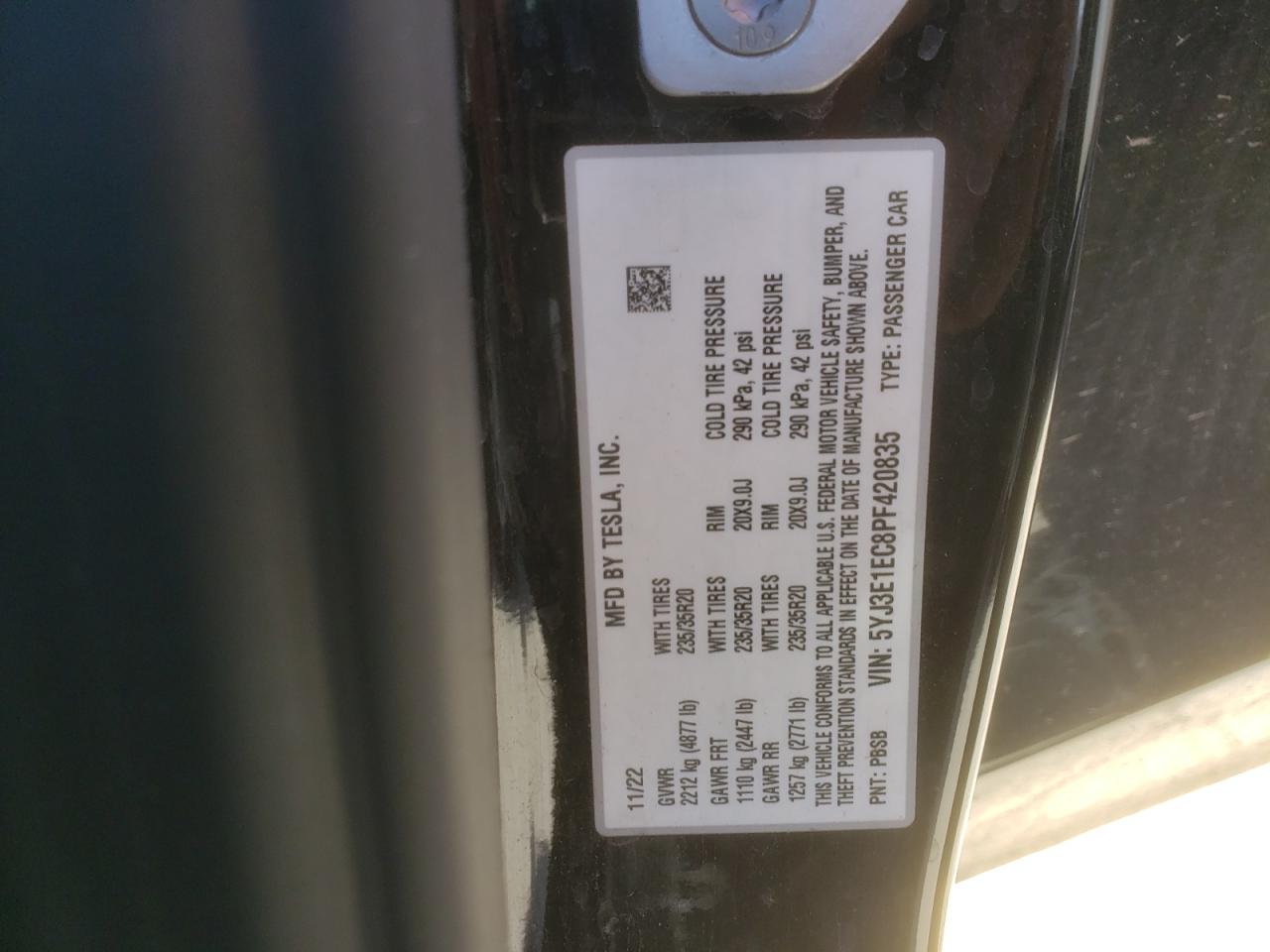 2023 TESLA MODEL 3 VIN:5YJ3E1EC8PF420835