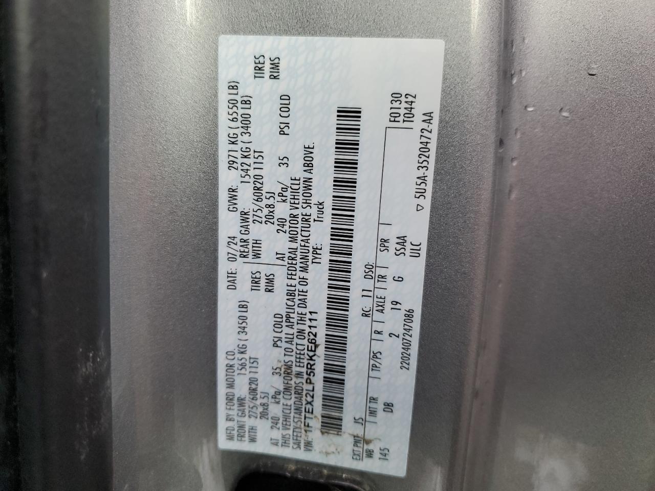 2024 FORD F150 STX VIN:1FTEX2LP5RKE62111