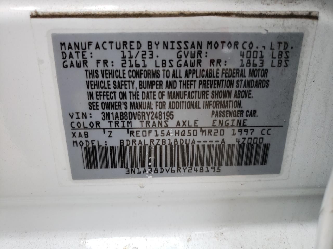 2024 NISSAN SENTRA SR VIN:3N1AB8DV6RY248195