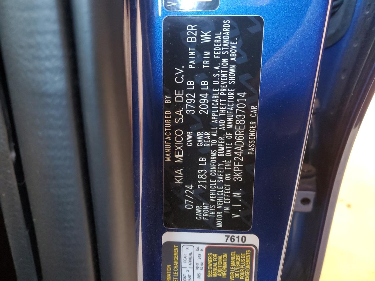 2024 KIA FORTE LX VIN:3KPF24AD6RE837014