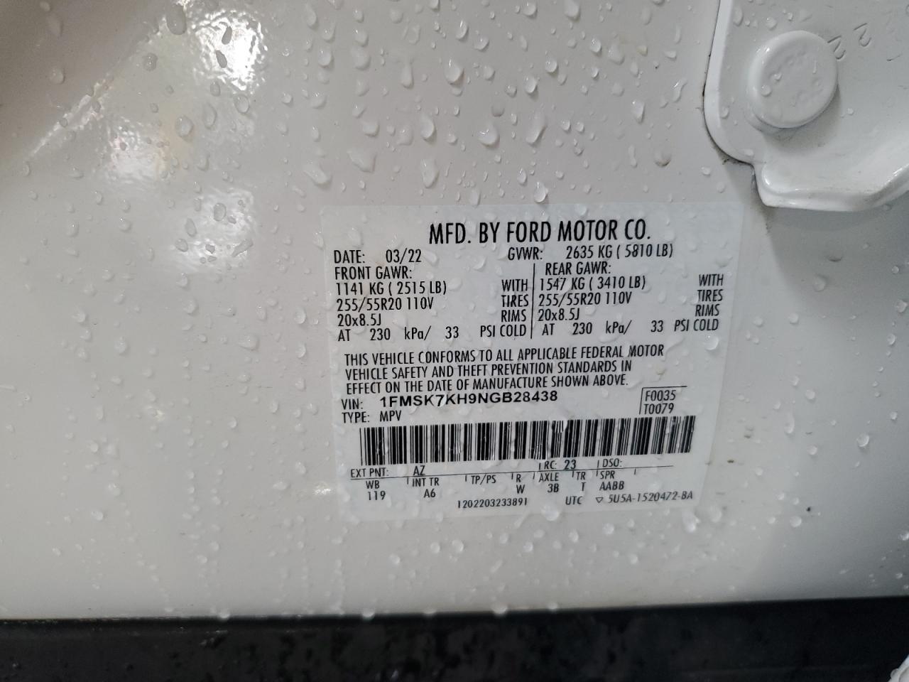 2022 FORD EXPLORER ST-LINE VIN:1FMSK7KH9NGB28438