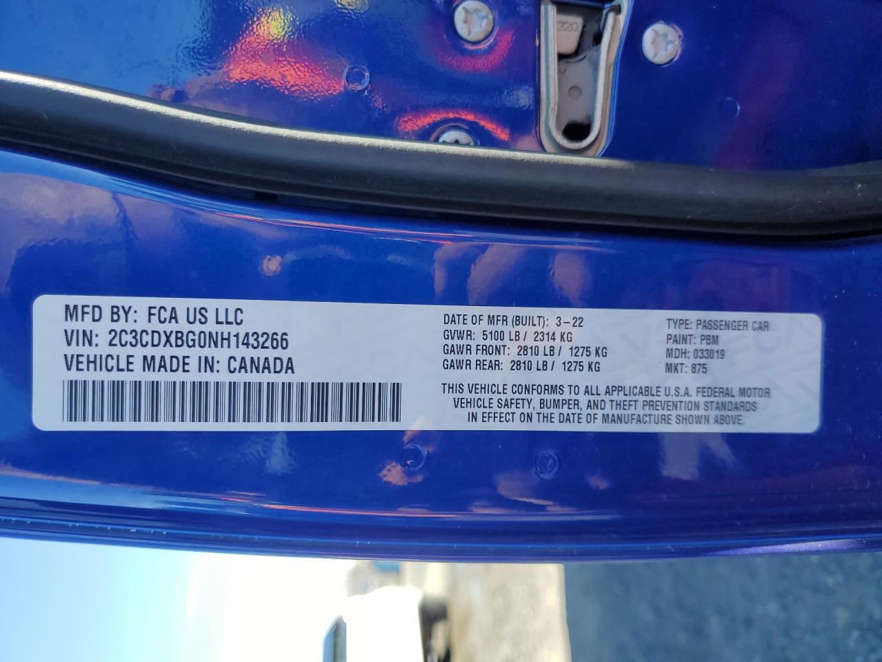 2022 DODGE CHARGER SXT VIN:2C3CDXBG0NH143266