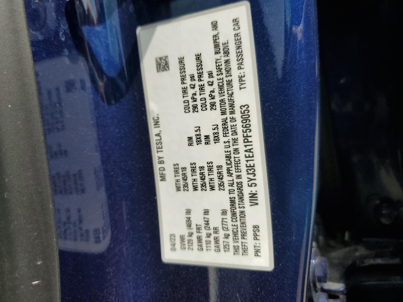 2023 TESLA MODEL 3 VIN:5YJ3E1EA1PF569053