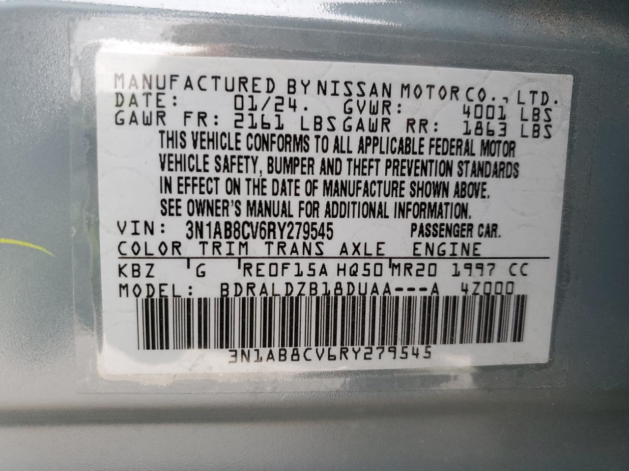 2024 NISSAN SENTRA SV VIN:3N1AB8CV6RY279545