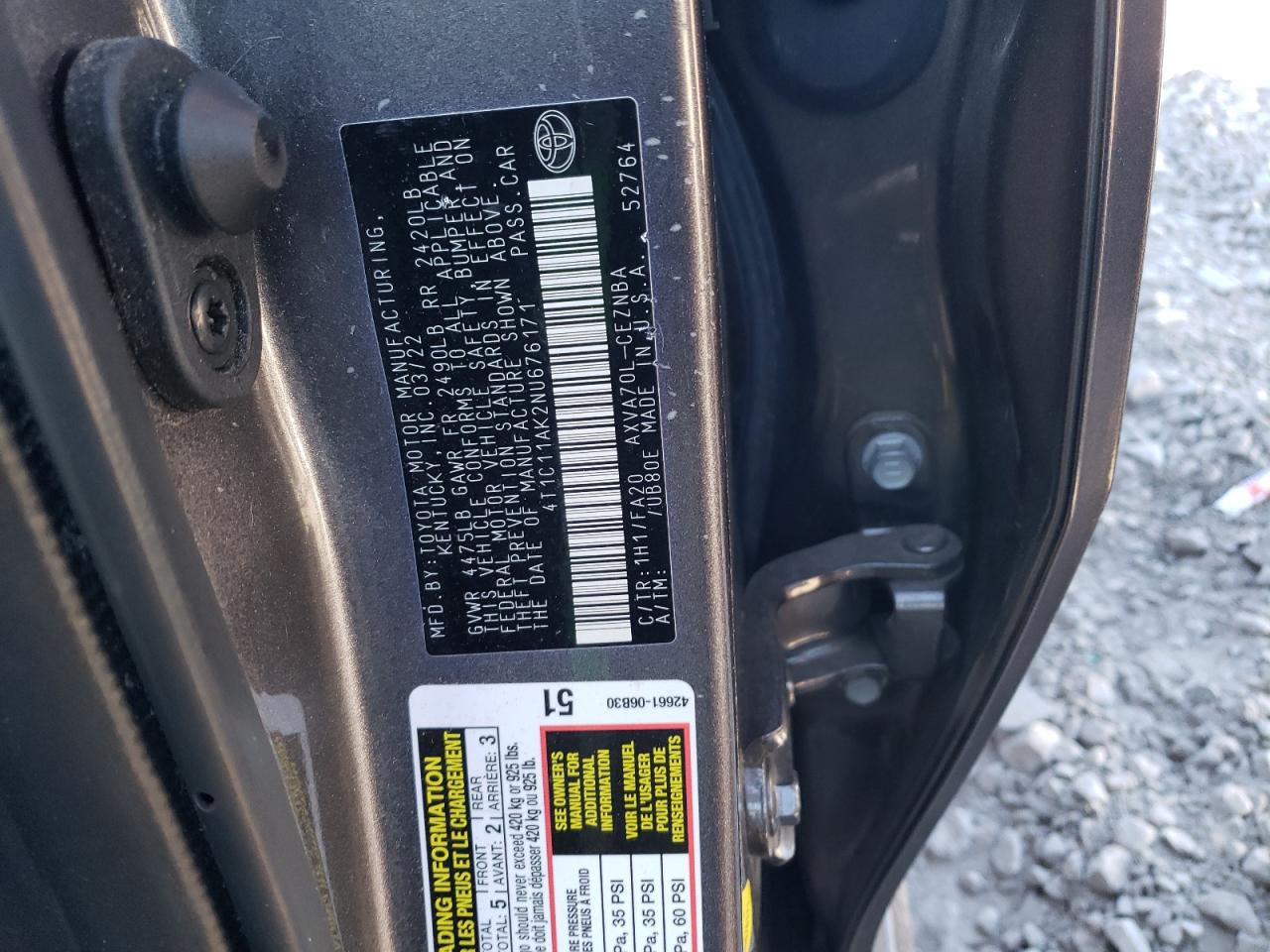 2022 TOYOTA CAMRY LE VIN:4T1C11AK2NU676171