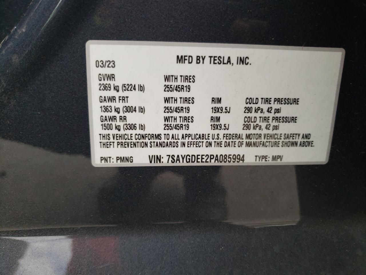 2023 TESLA MODEL Y VIN:7SAYGDEE2PA085994