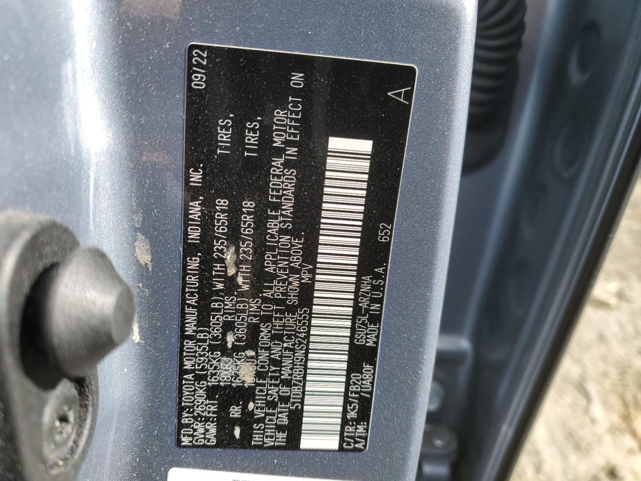 2022 TOYOTA HIGHLANDER L VIN:5TDBZRBH9NS246555