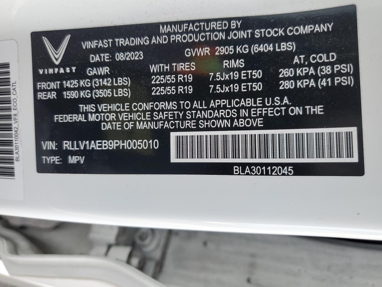 2023 VINFAST TRADING AND PRODUCTION LLC VF 8 ECO VIN:RLLV1AEB9PH005010