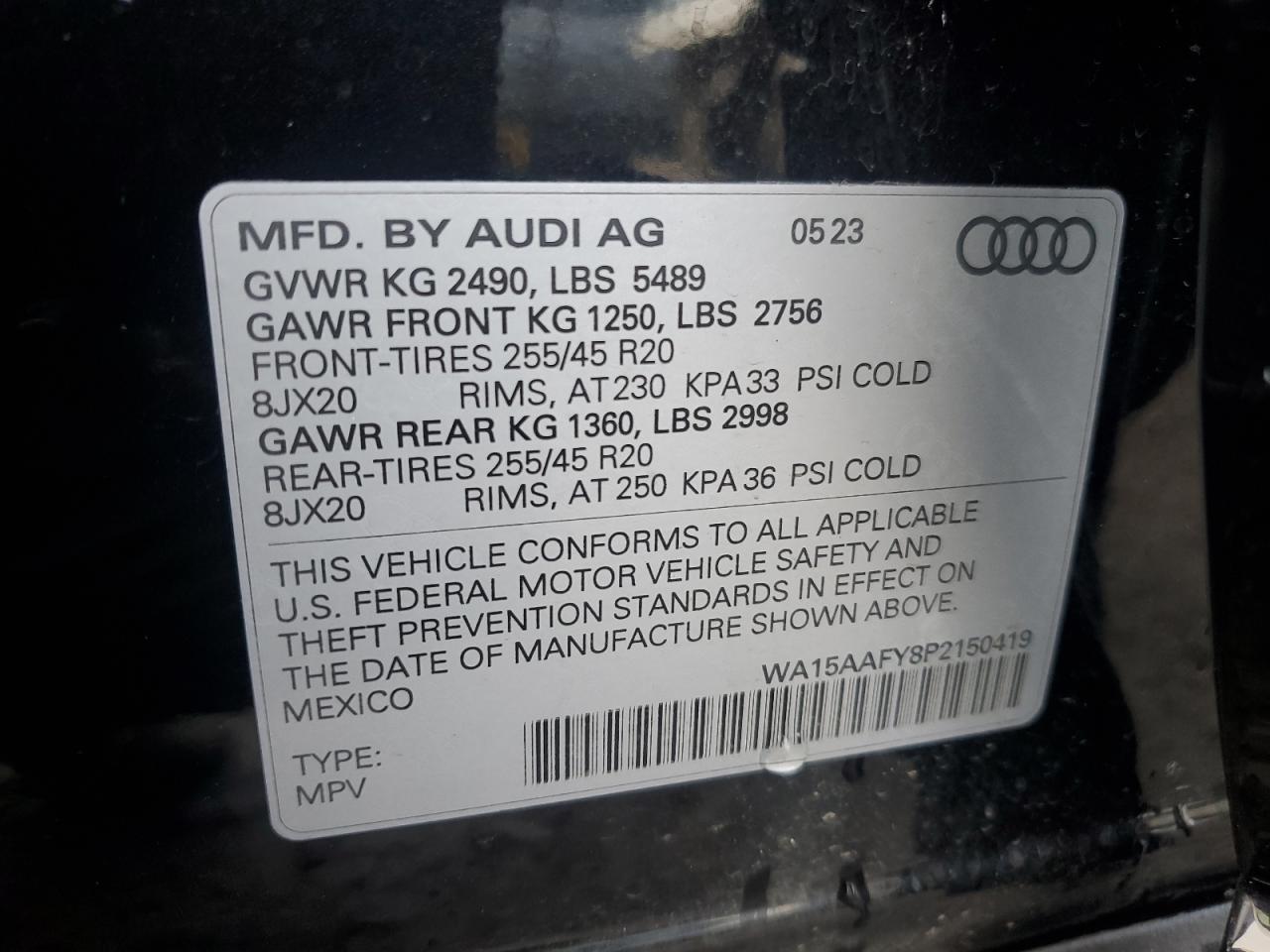 2023 AUDI Q5 SPORTBACK PRM PLS 45 VIN:WA15AAFY8P2150419