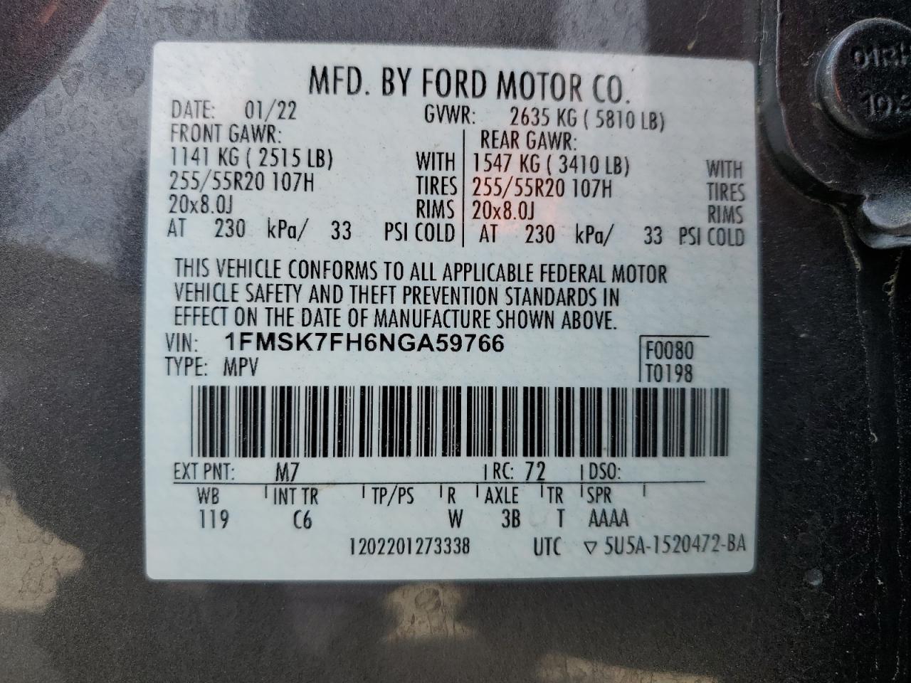 2022 FORD EXPLORER LIMITED VIN:1FMSK7FH6NGA59766