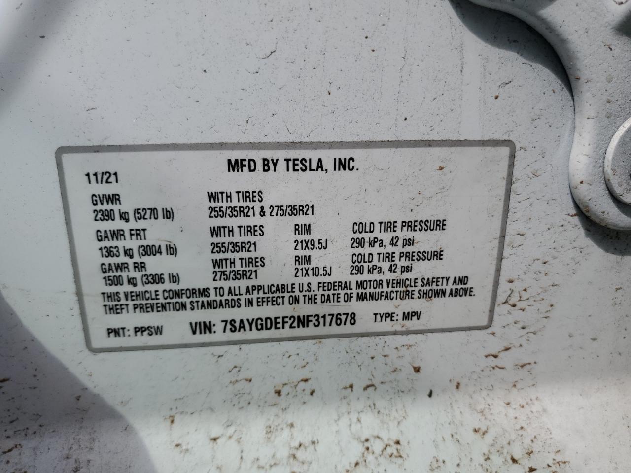 2022 TESLA MODEL Y VIN:7SAYGDEF2NF317678