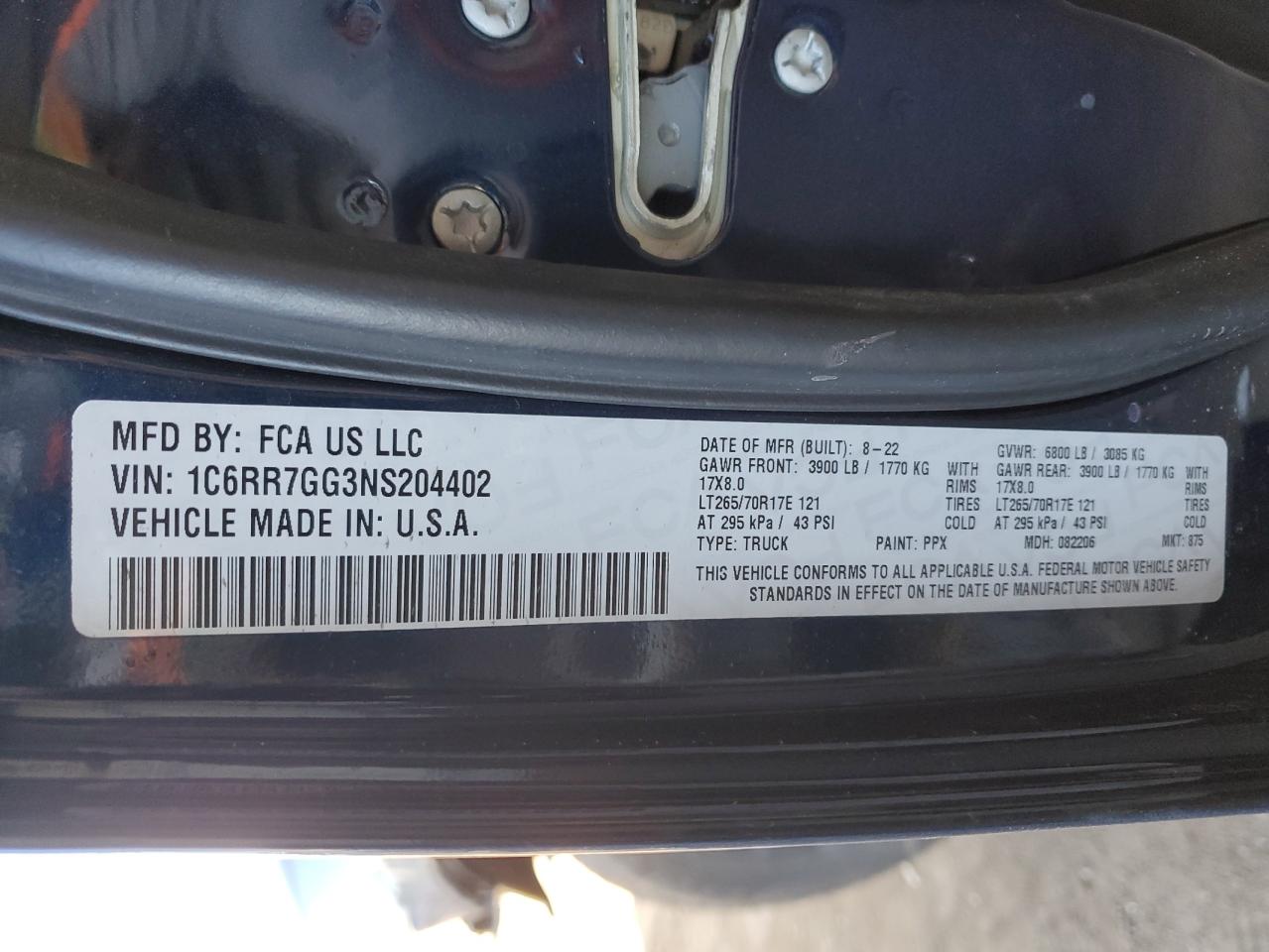 2022 RAM 1500 CLASSIC SLT VIN:1C6RR7GG3NS204402