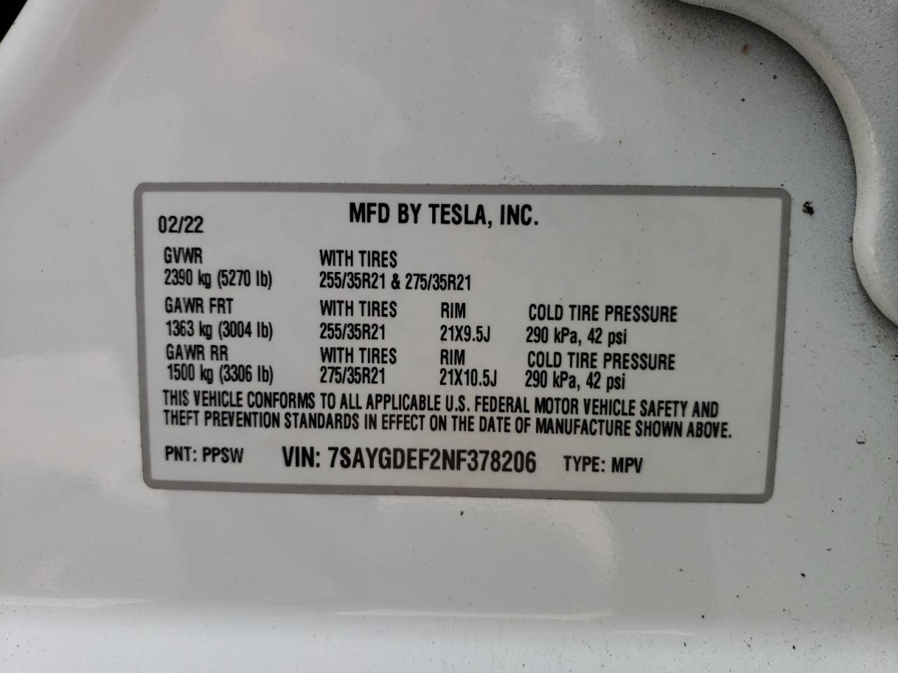 2022 TESLA MODEL Y VIN:7SAYGDEF2NF378206
