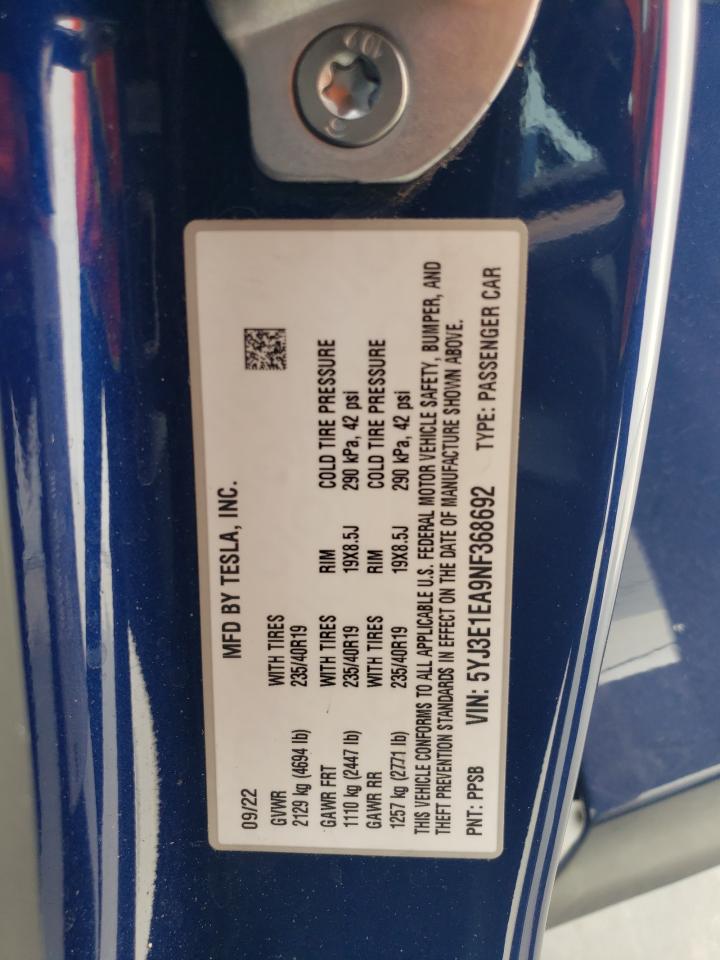 2022 TESLA MODEL 3 VIN:5YJ3E1EA9NF368692