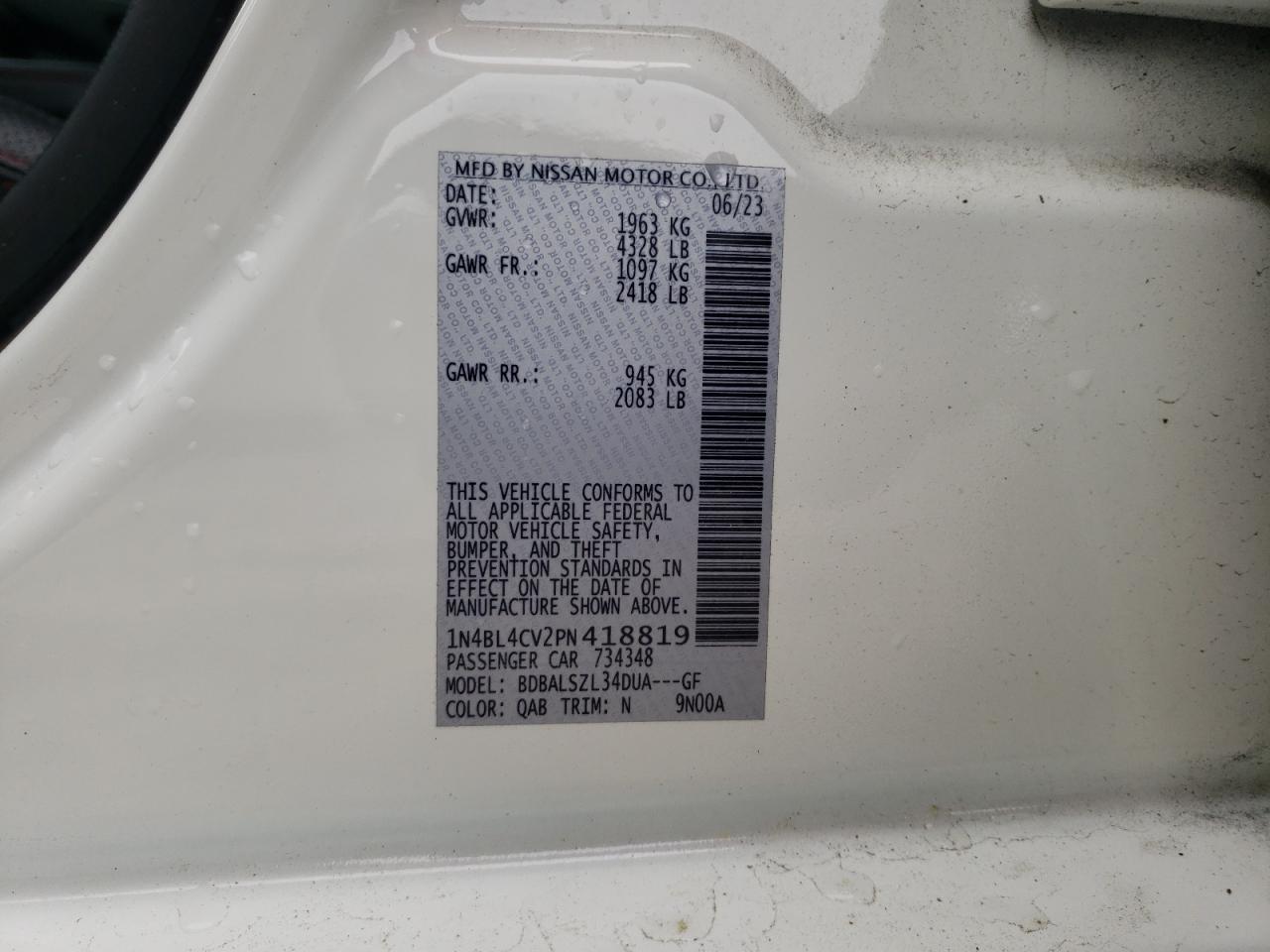 2023 NISSAN ALTIMA SR VIN:1N4BL4CV2PN418819