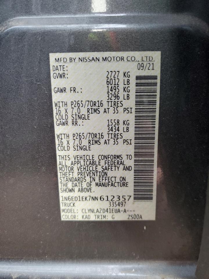 2022 NISSAN FRONTIER S VIN:1N6ED1EK7NN612357